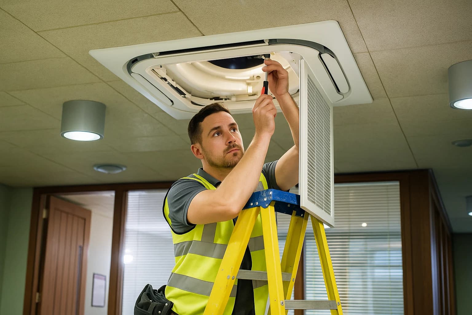 Technician fixing an AC unit - Falco Industries